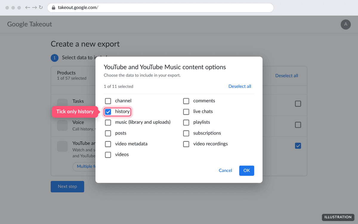 The YouTube content options with only history ticked