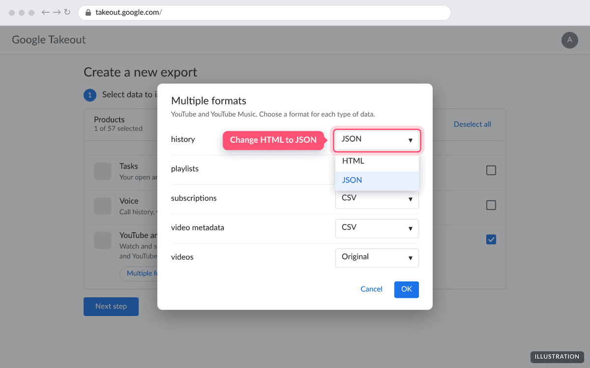The Multiple formats box with history set to JSON