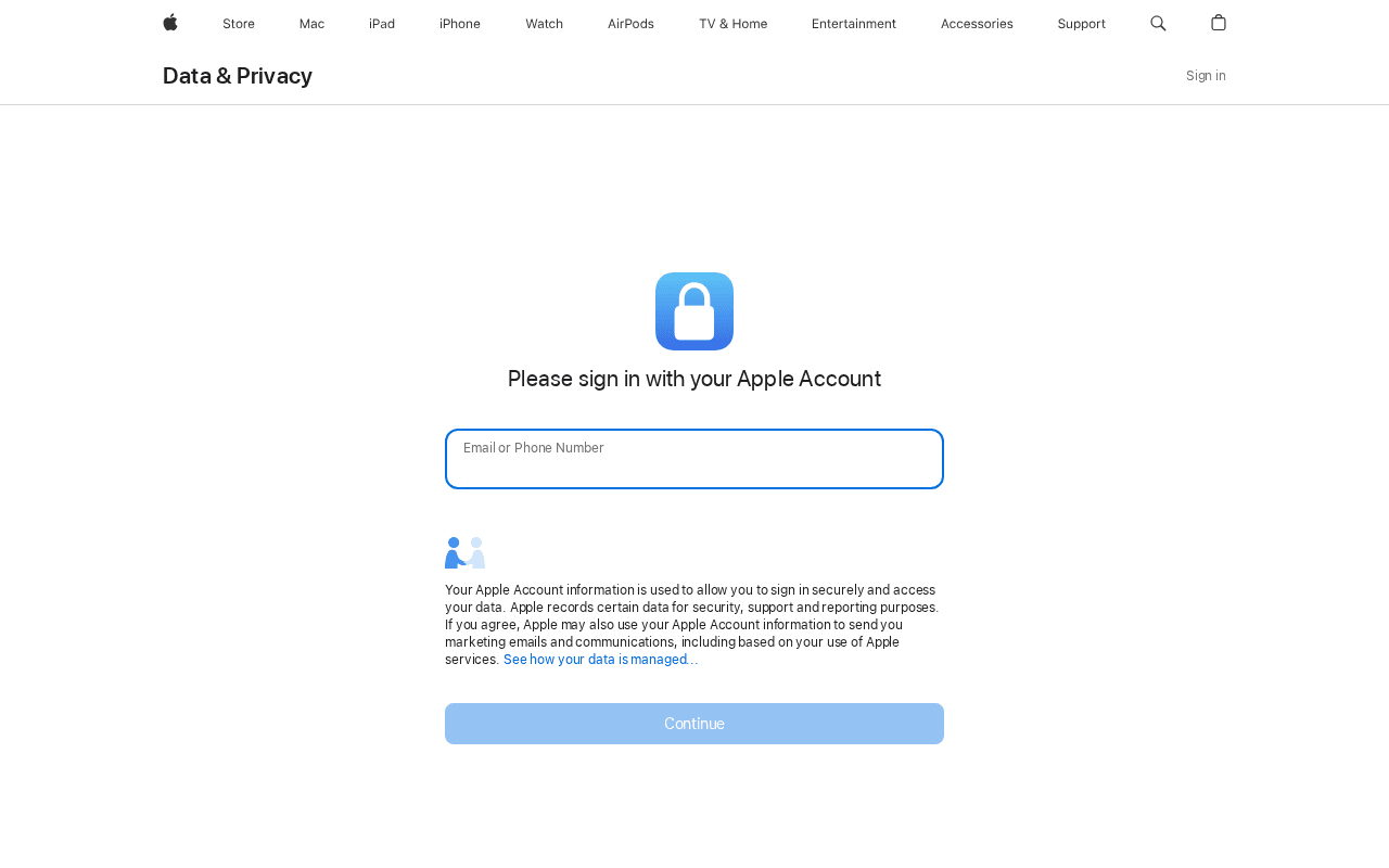 Apple's Data and Privacy page asking you to sign in with your Apple Account