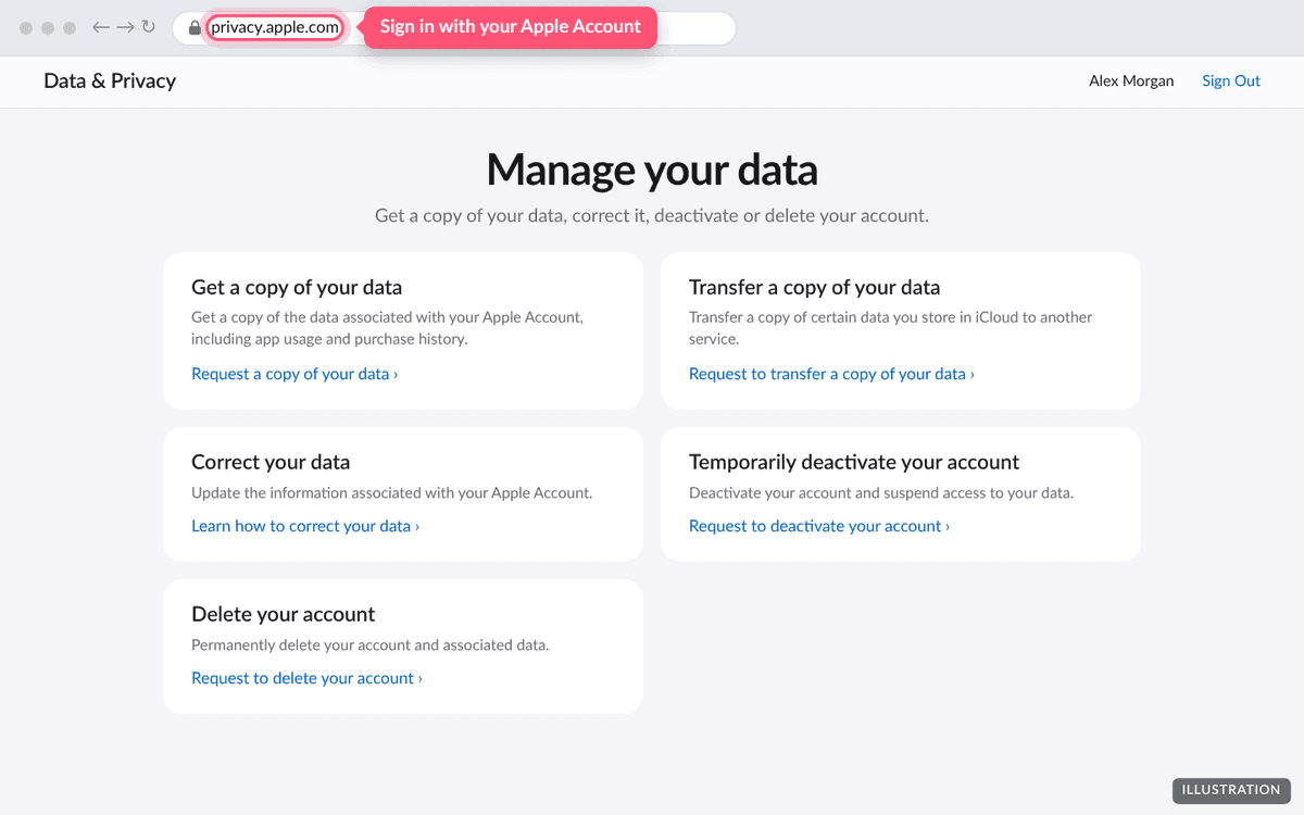 Apple's Data and Privacy page after signing in