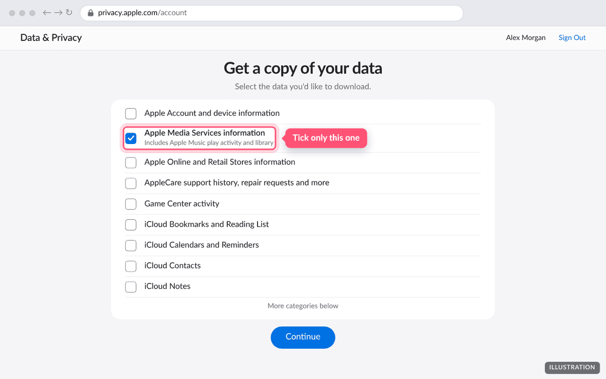 The list of data categories with Apple Media Services information ticked