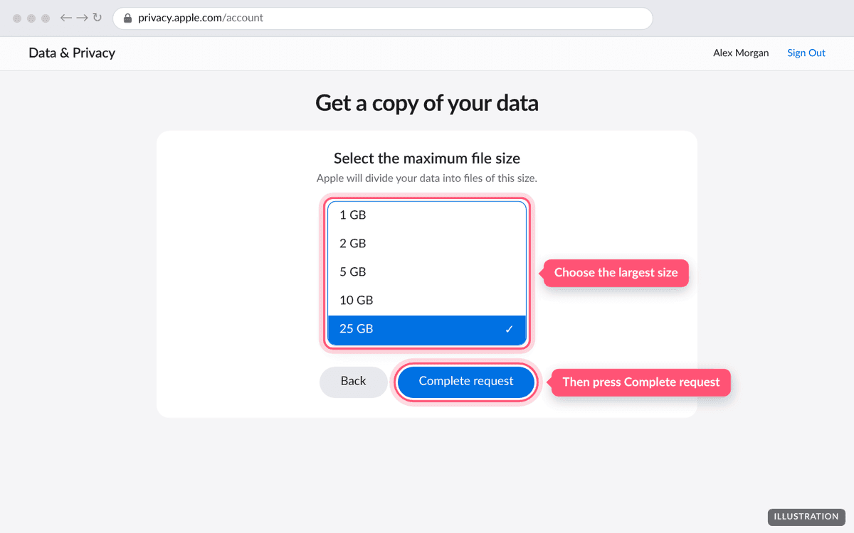 The maximum file size menu and the Complete request button