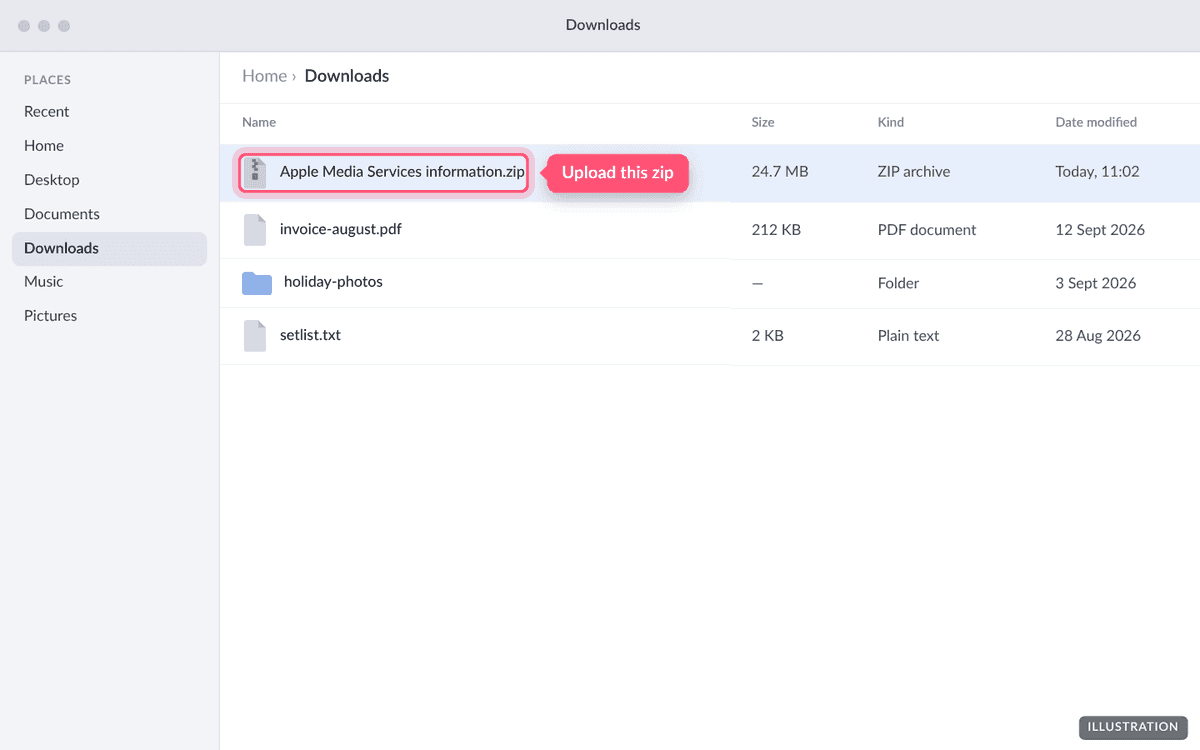 The Apple Media Services information zip in a downloads folder