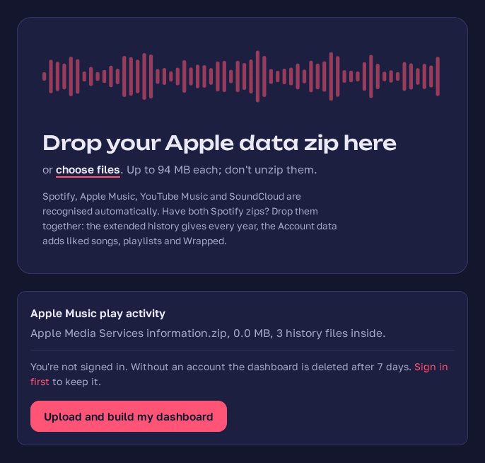 The depth.fm upload page recognising an Apple Media Services zip