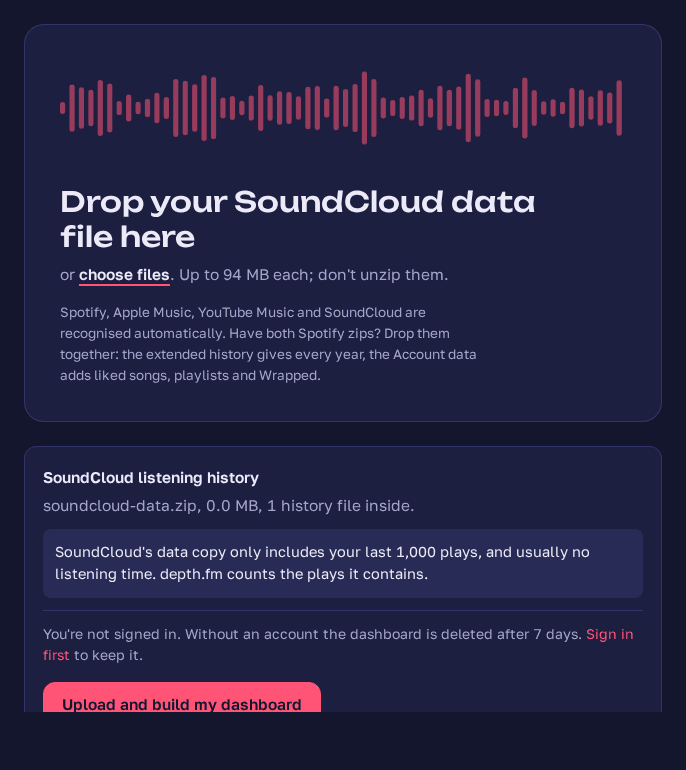 The depth.fm upload page recognising a SoundCloud data file